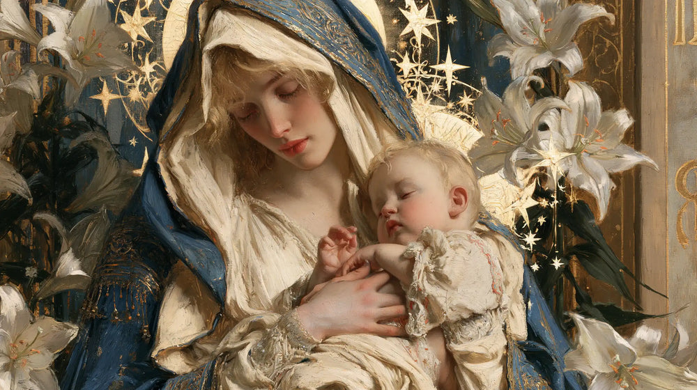 the Virgin Mary and the Child Jesus in Symbolist style, landscape Christian artwork no. 16