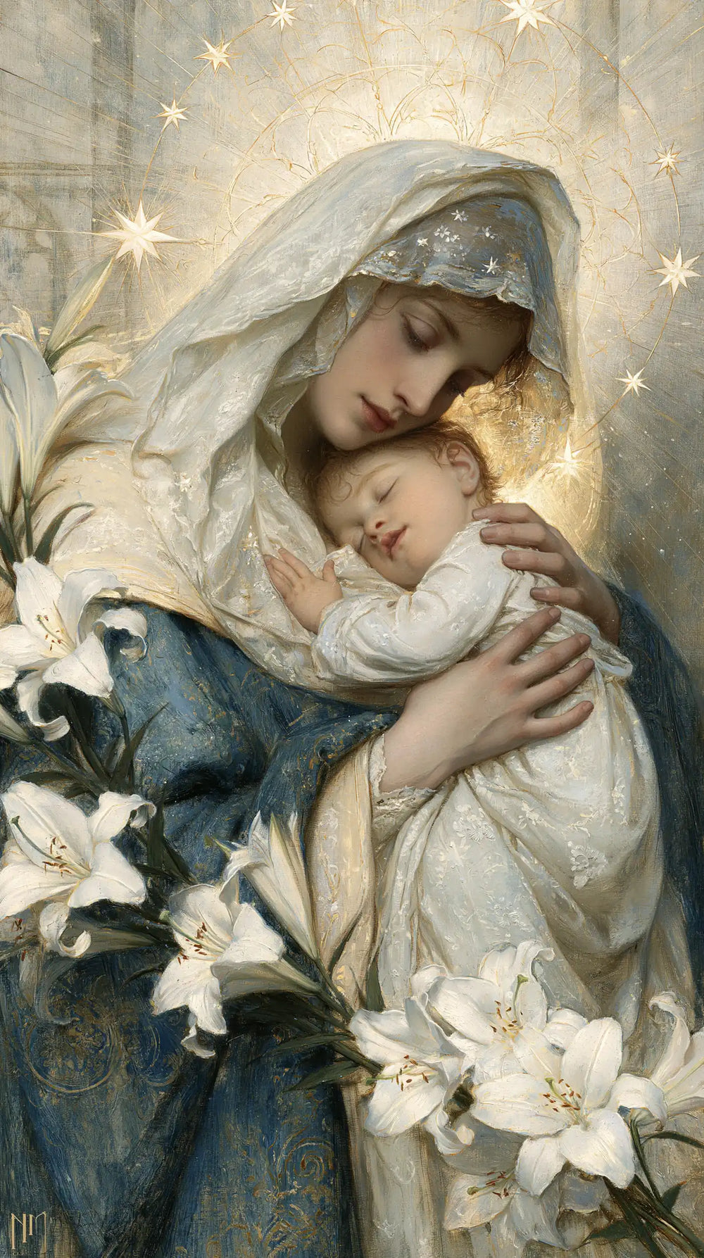 the Virgin Mary and the Child Jesus in Symbolist style, portrait Christian artwork no. 6