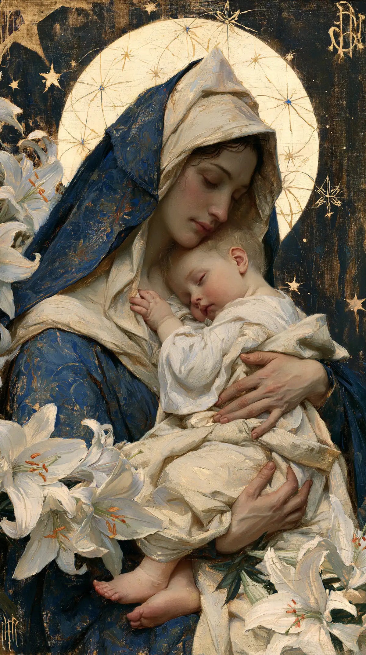 the Virgin Mary and the Child Jesus in Symbolist style, portrait Christian artwork no. 8