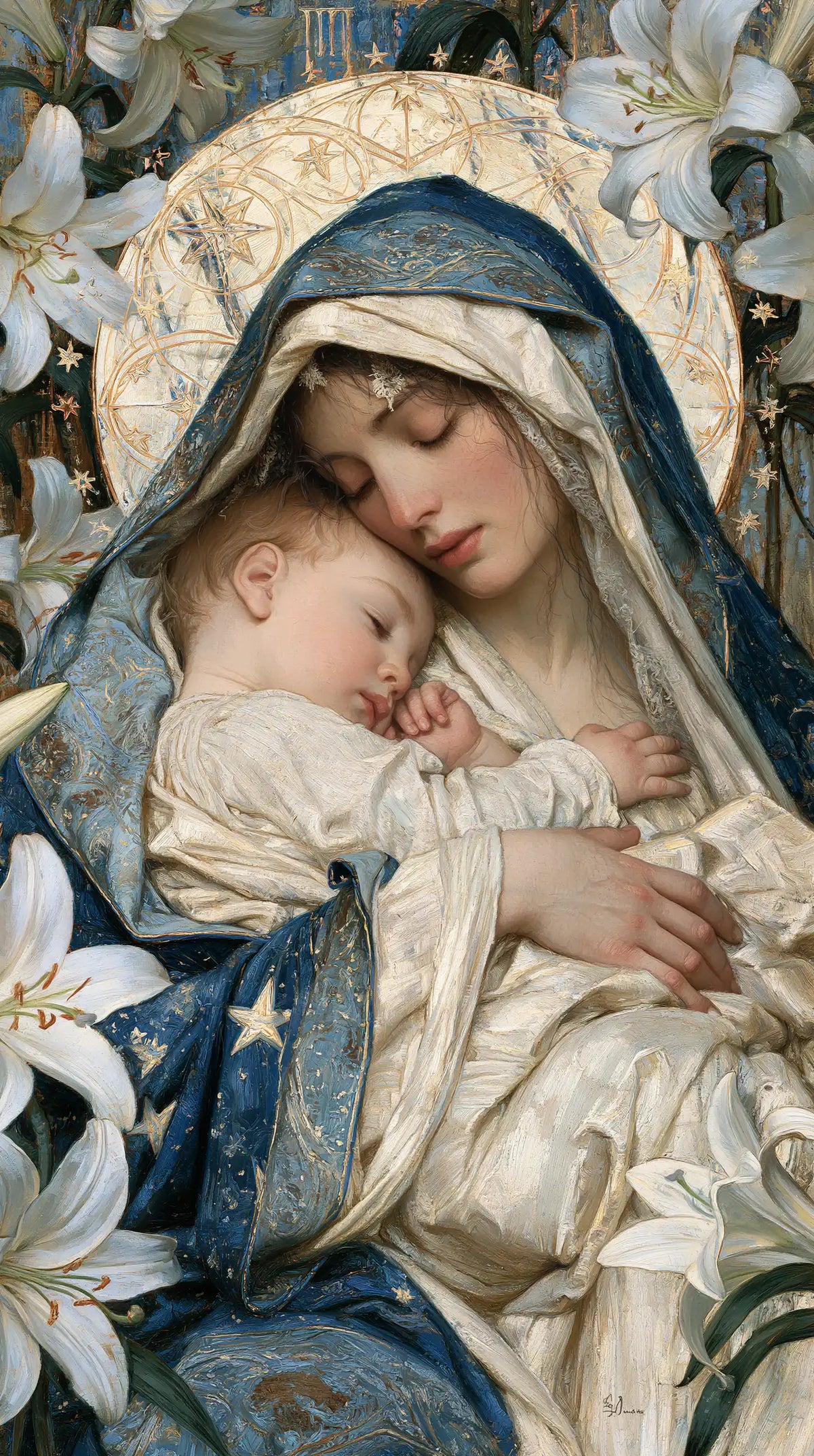 the Virgin Mary and the Child Jesus in Symbolist style, portrait Christian artwork no. 10