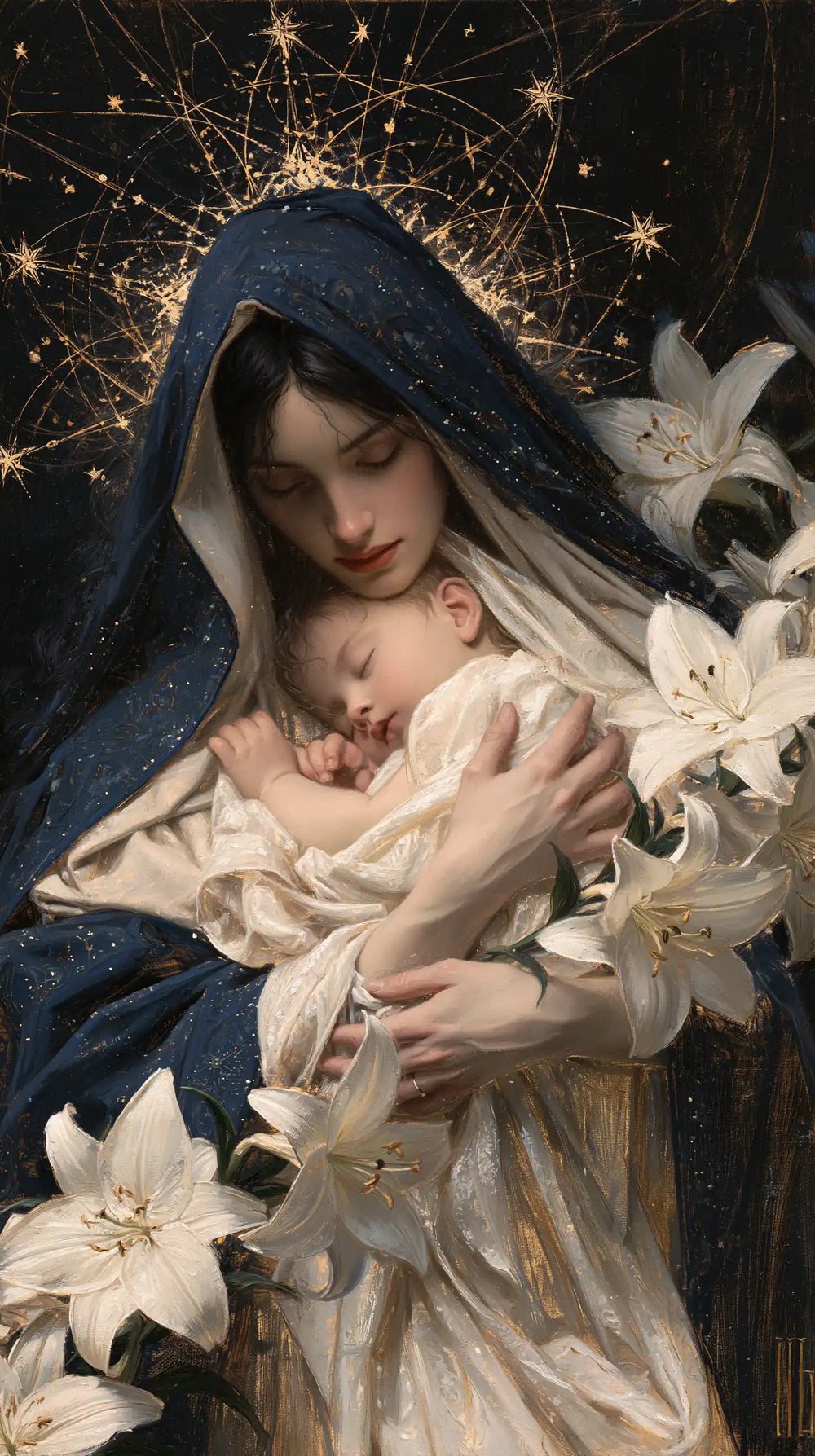the Virgin Mary and the Child Jesus in Symbolist style, portrait Christian artwork no. 11