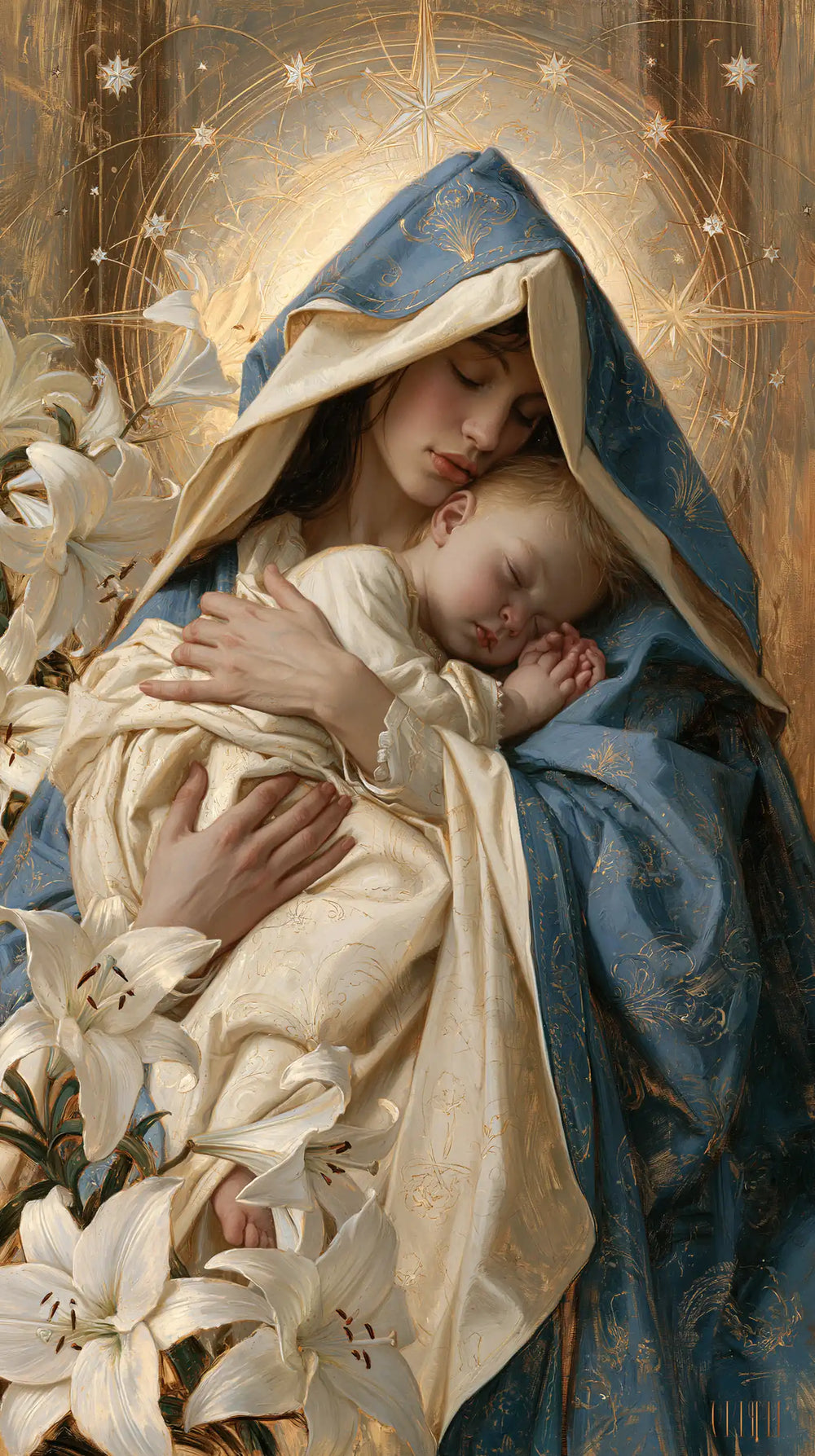 the Virgin Mary and the Child Jesus in Symbolist style, portrait Christian artwork no. 12