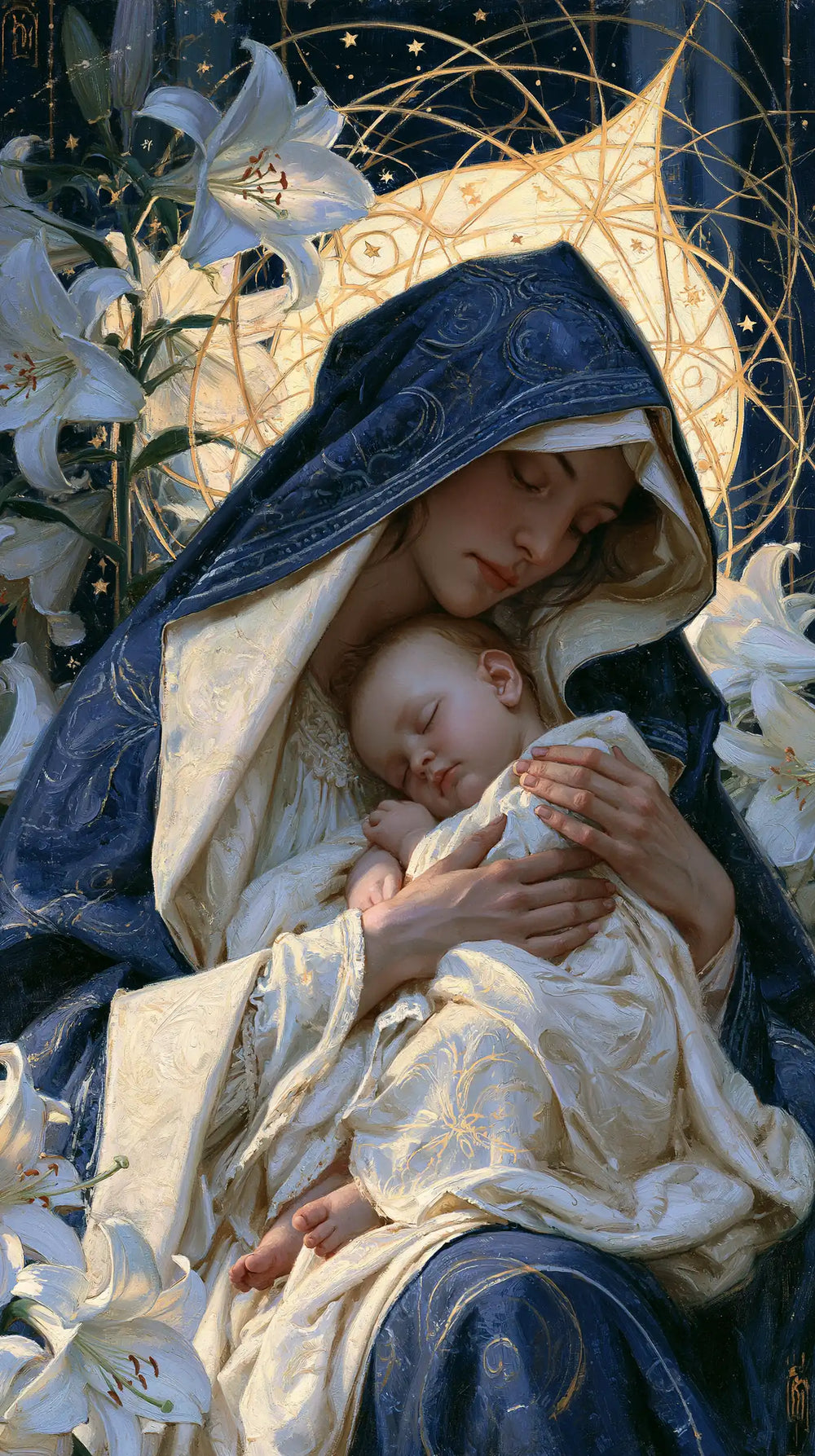 the Virgin Mary and the Child Jesus in Symbolist style, portrait Christian artwork no. 20