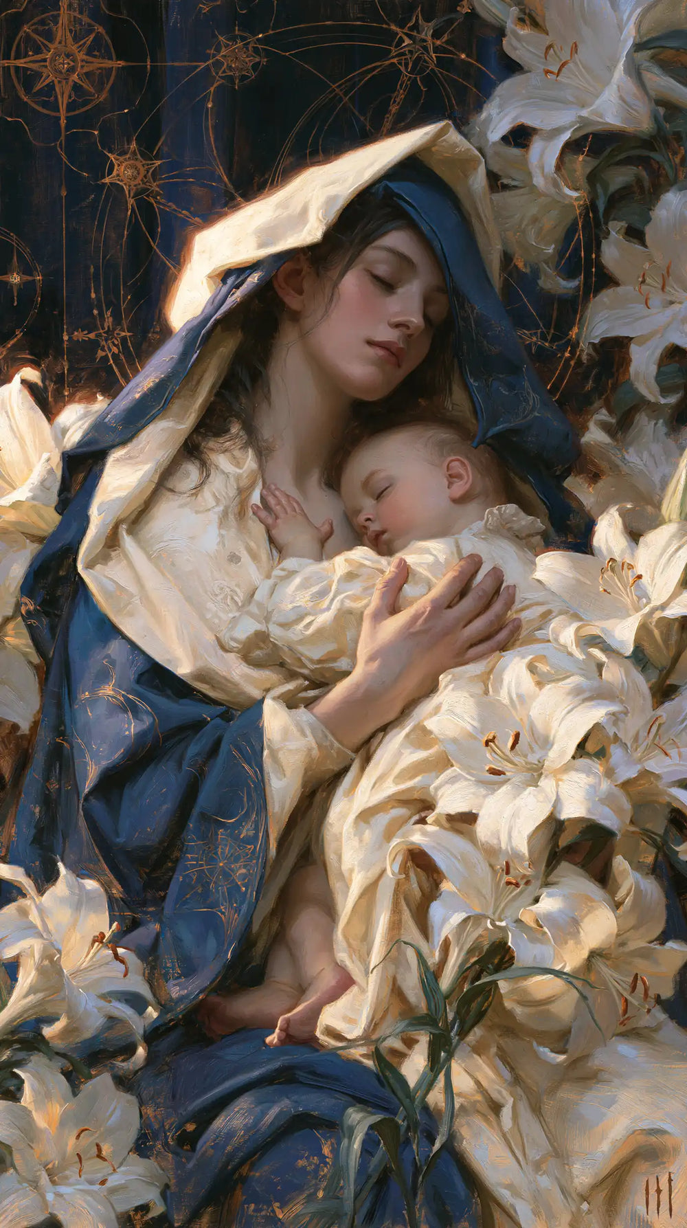 the Virgin Mary and the Child Jesus in Symbolist style, portrait Christian artwork no. 21