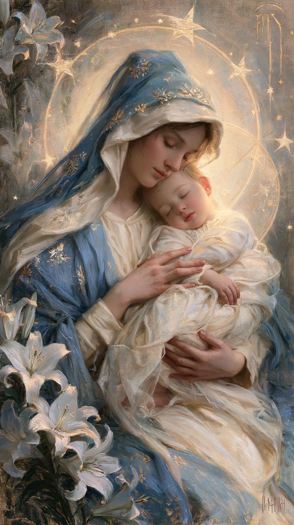 the Virgin Mary and the Child Jesus in Symbolist style, portrait Christian artwork no. 24