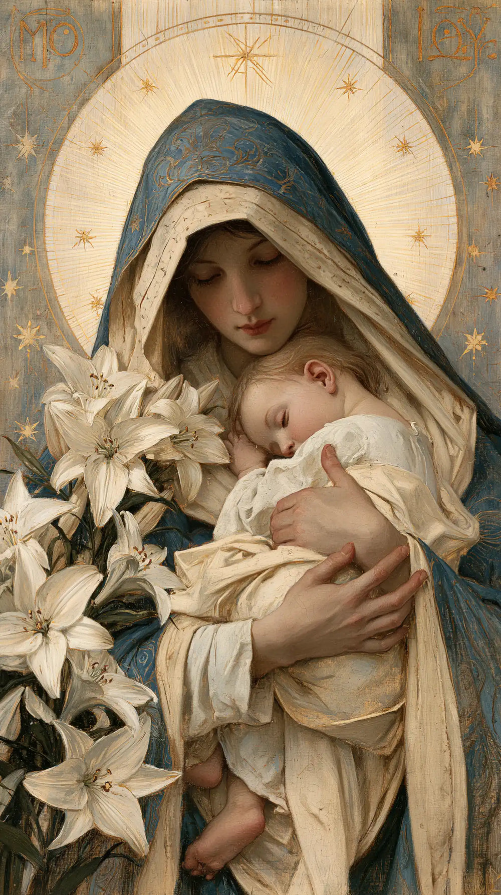 the Virgin Mary and the Child Jesus in Symbolist style, portrait Christian artwork no. 25