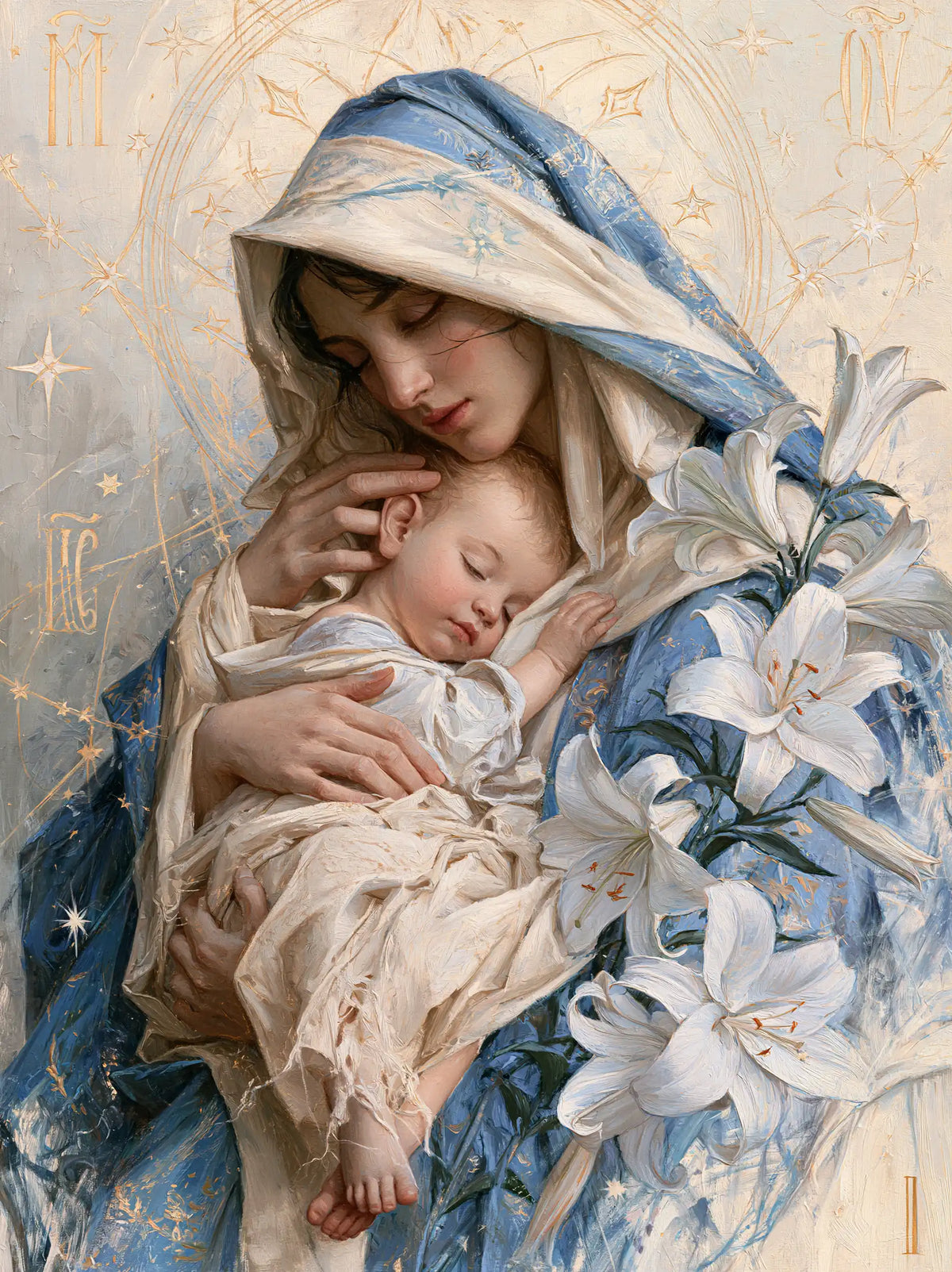 the Virgin Mary and the Child Jesus in Symbolist style, portrait Christian artwork no. 29