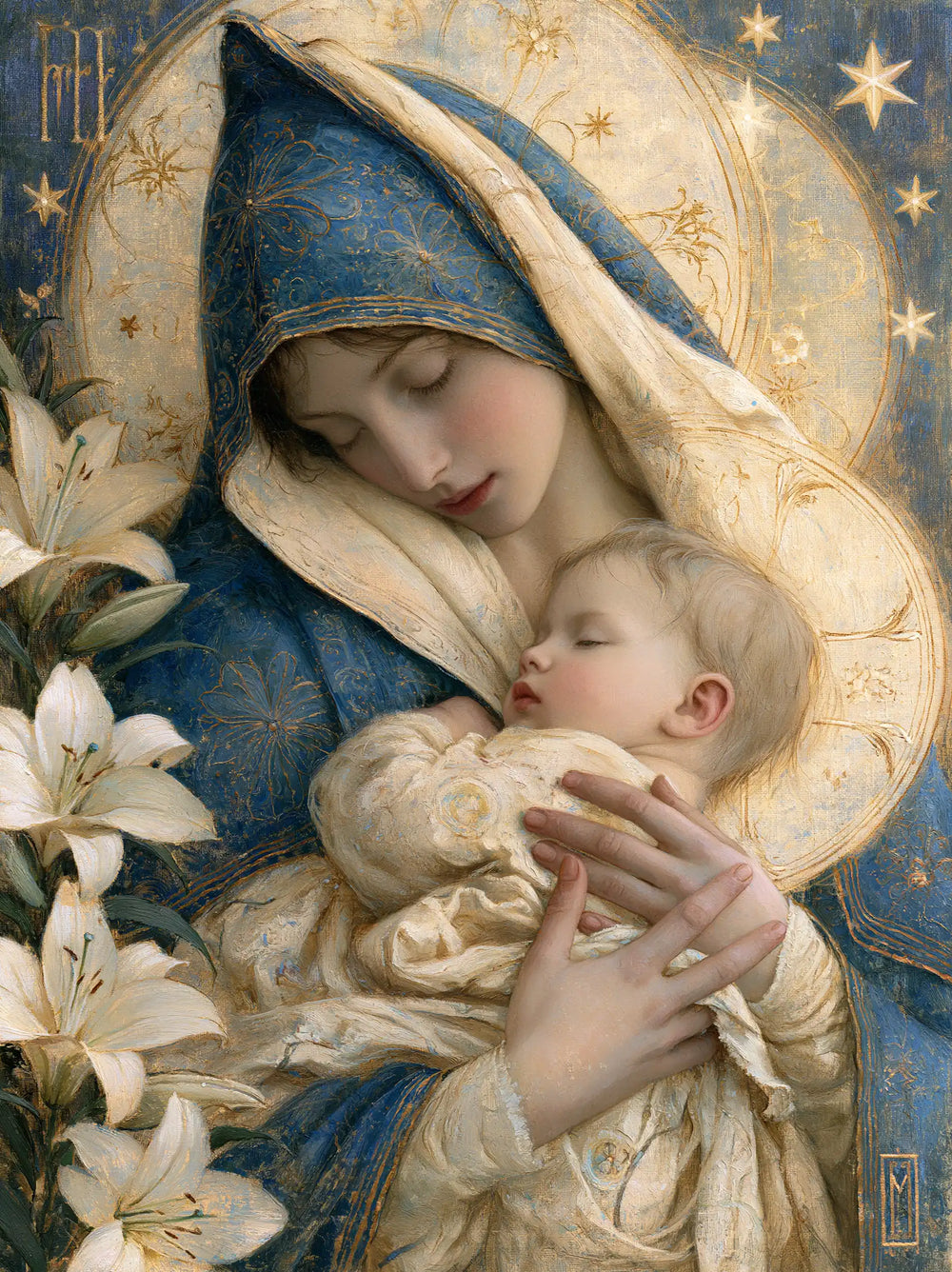 the Virgin Mary and the Child Jesus in Symbolist style, portrait Christian artwork no. 30