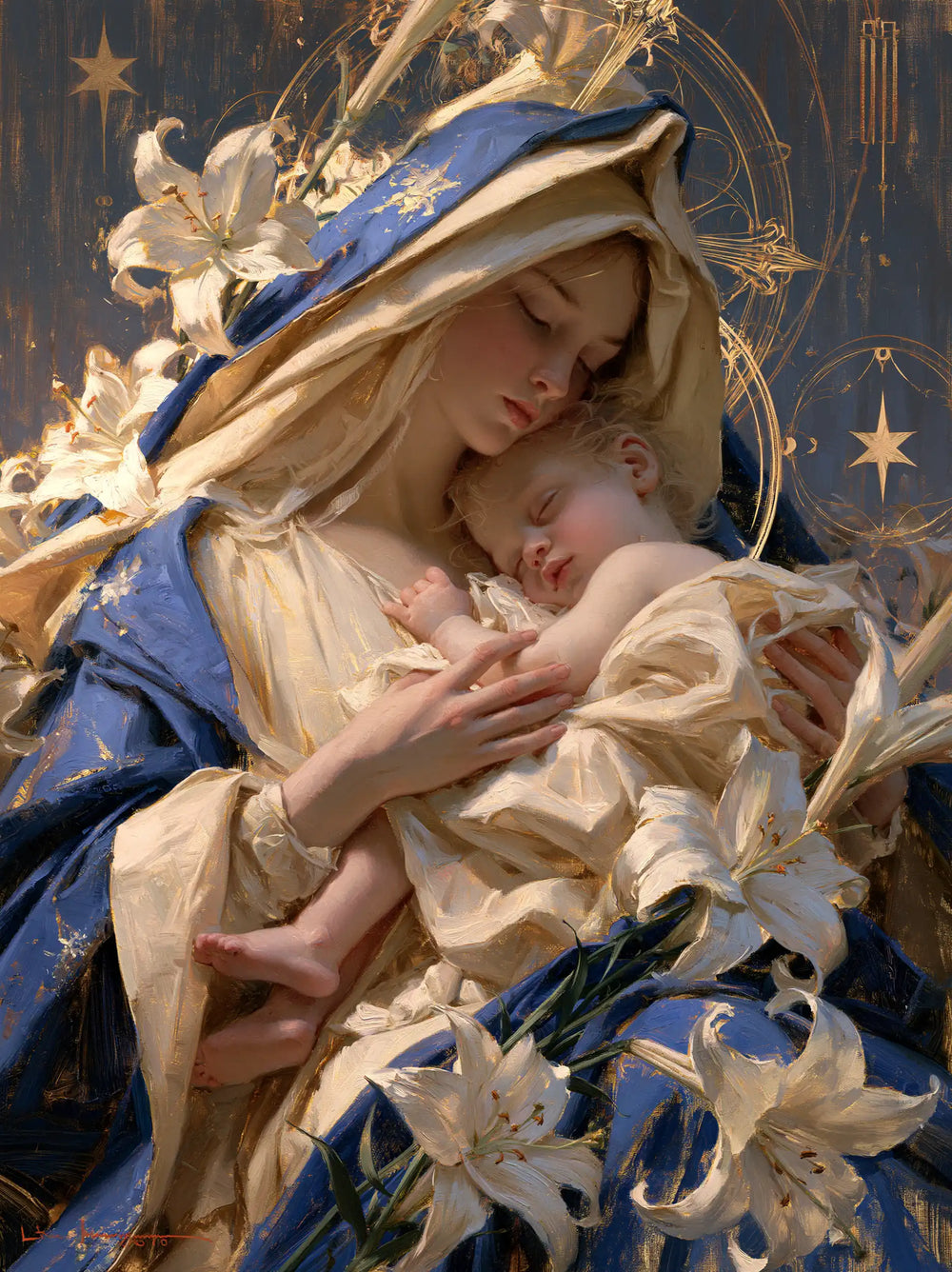 the Virgin Mary and the Child Jesus in Symbolist style, portrait Christian artwork no. 32