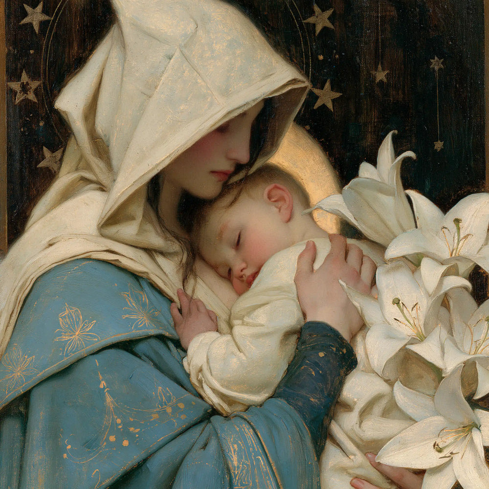 the Virgin Mary and the Child Jesus in Symbolist style, square Christian artwork no. 4