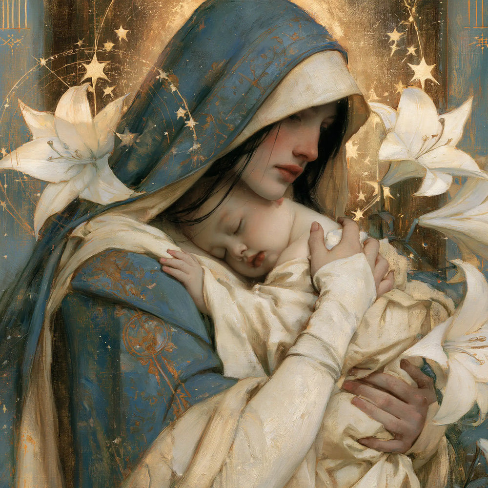 the Virgin Mary and the Child Jesus in Symbolist style, square Christian artwork no. 6