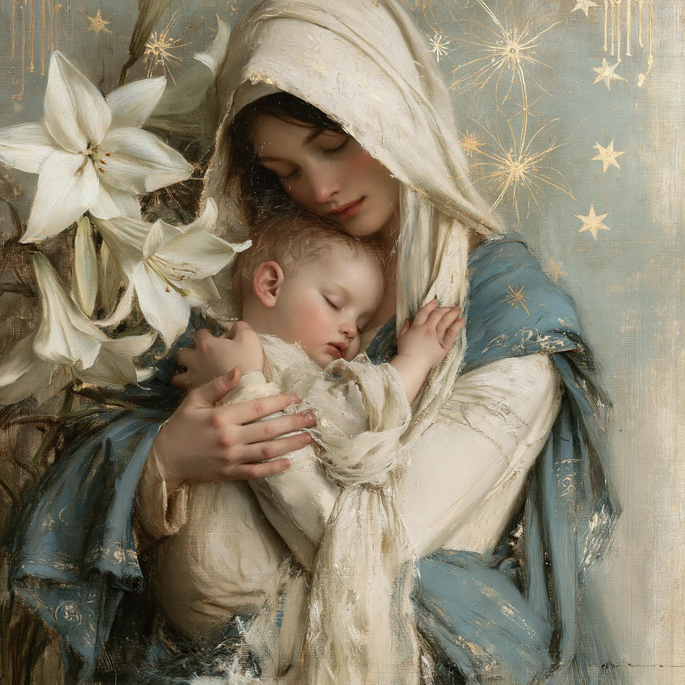 the Virgin Mary and the Child Jesus in Symbolist style, square Christian artwork no. 9