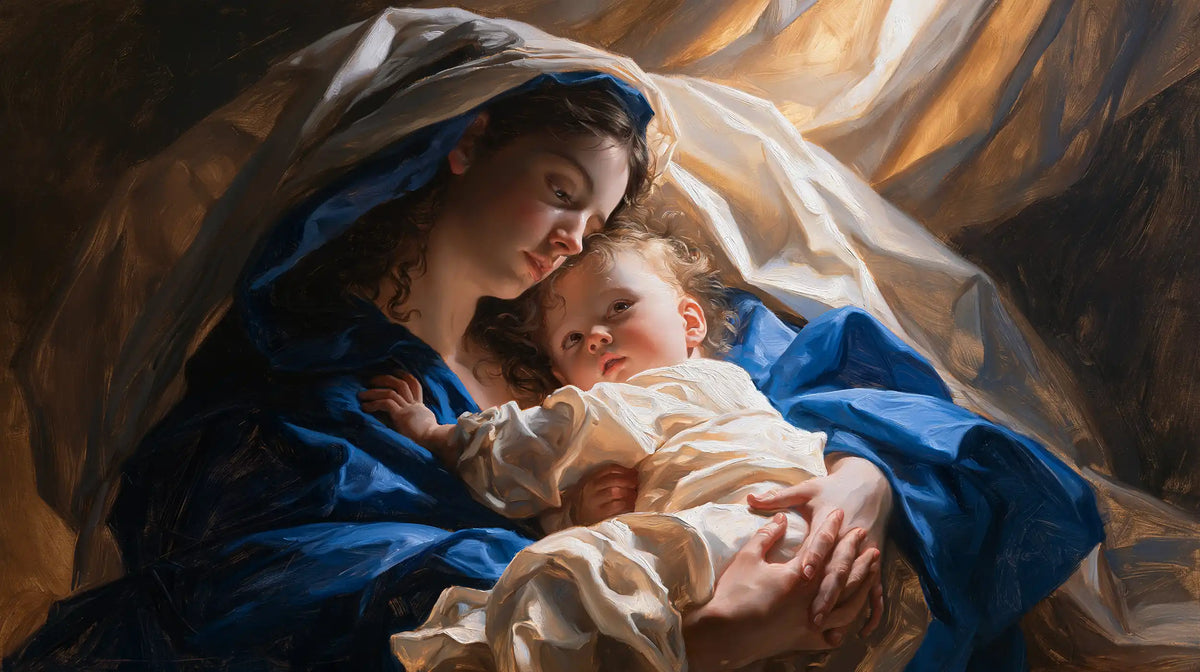 the Virgin Mary and the Child Jesus in Theatrical Baroque style, landscape Christian artwork no. 3
