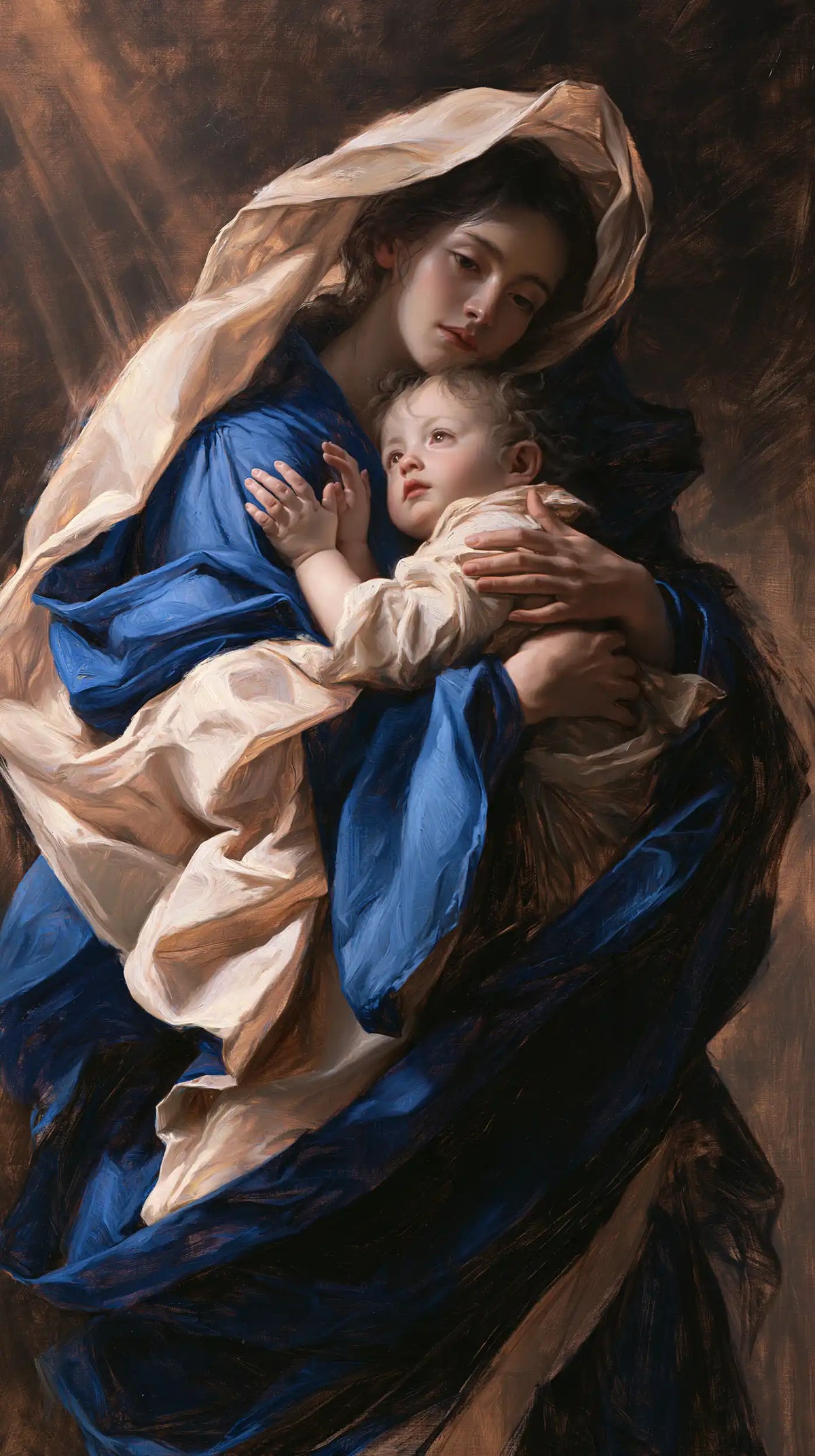 the Virgin Mary and the Child Jesus in Theatrical Baroque style, portrait Christian artwork no. 5