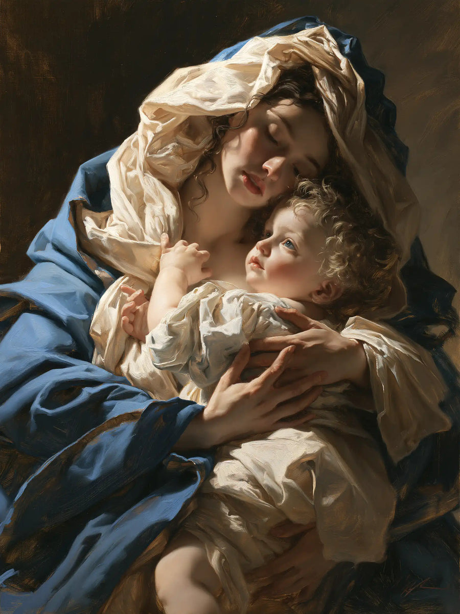 the Virgin Mary and the Child Jesus in Theatrical Baroque style, portrait Christian artwork no. 23