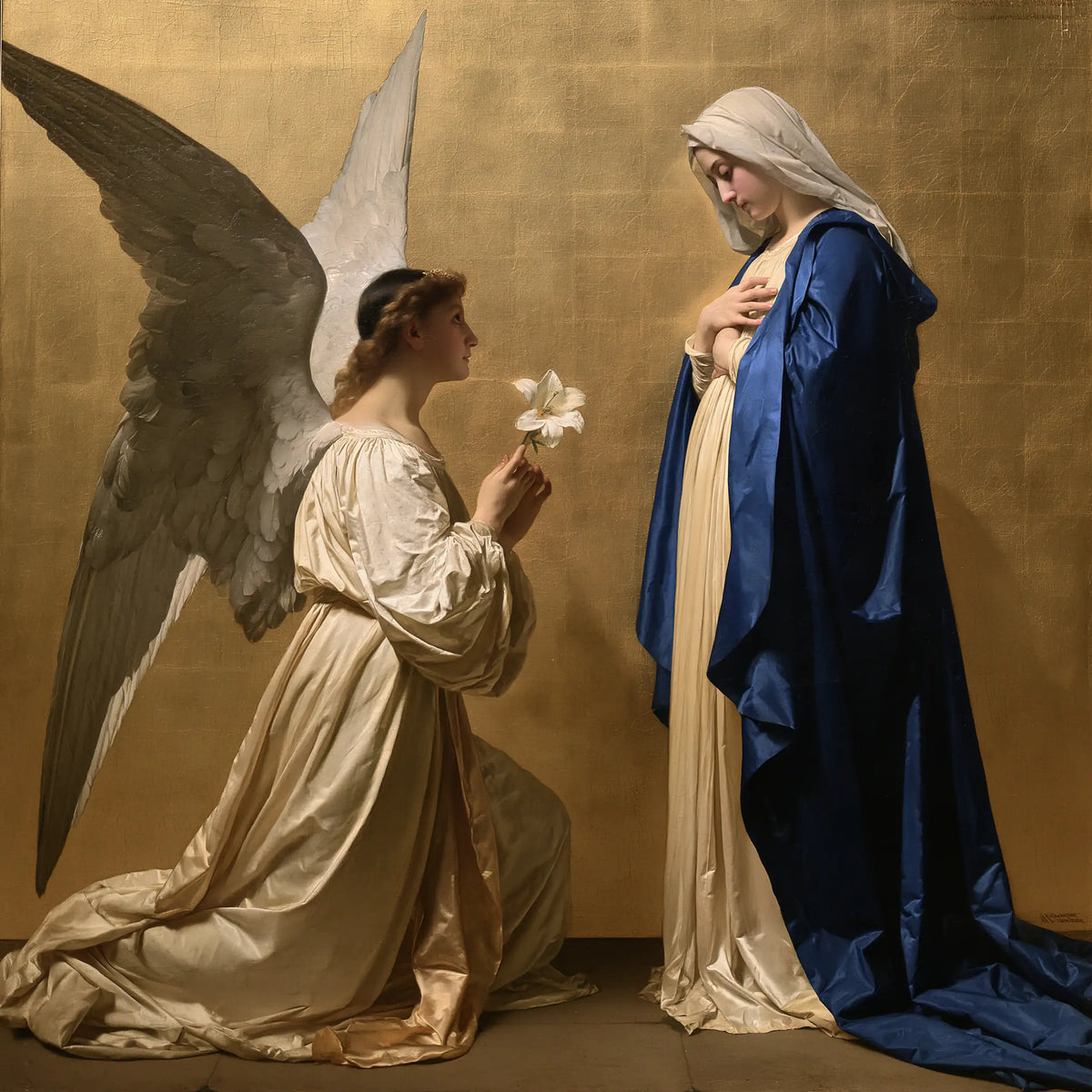 The Virgin Standing before Kneeling Gabriel – Bouguereau-Inspired Academic Art · Square
