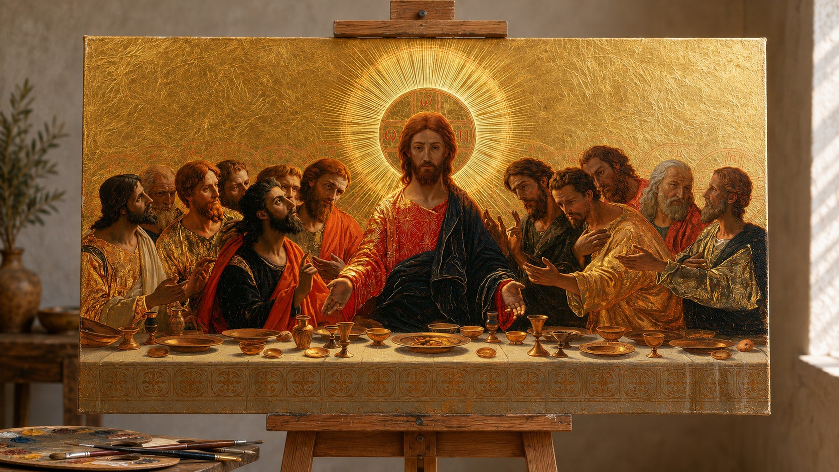 งานศิลปะ Last Supper แบบเดียวกับที่วาดด้วยมือด้วยสีน้ํามันบนผืนผ้าใบที่ไม่มีกรอบในสตูดิโอ