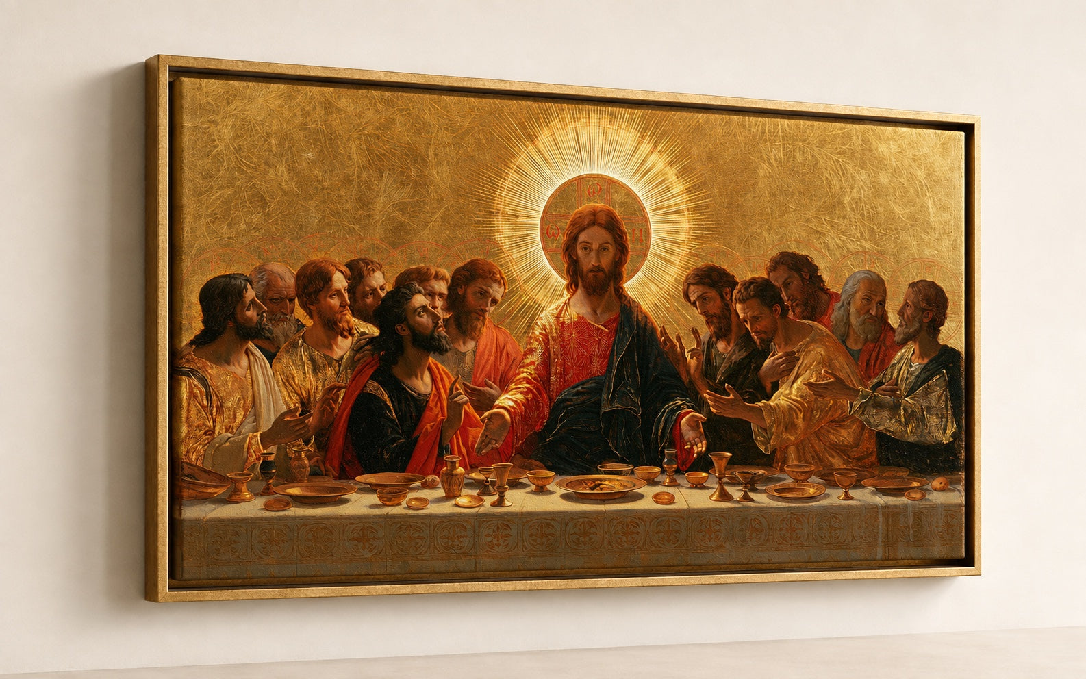 งานศิลปะ Last Supper แบบเดียวกับที่พิมพ์บนผ้าใบในกรอบลอยสีทองโบราณ