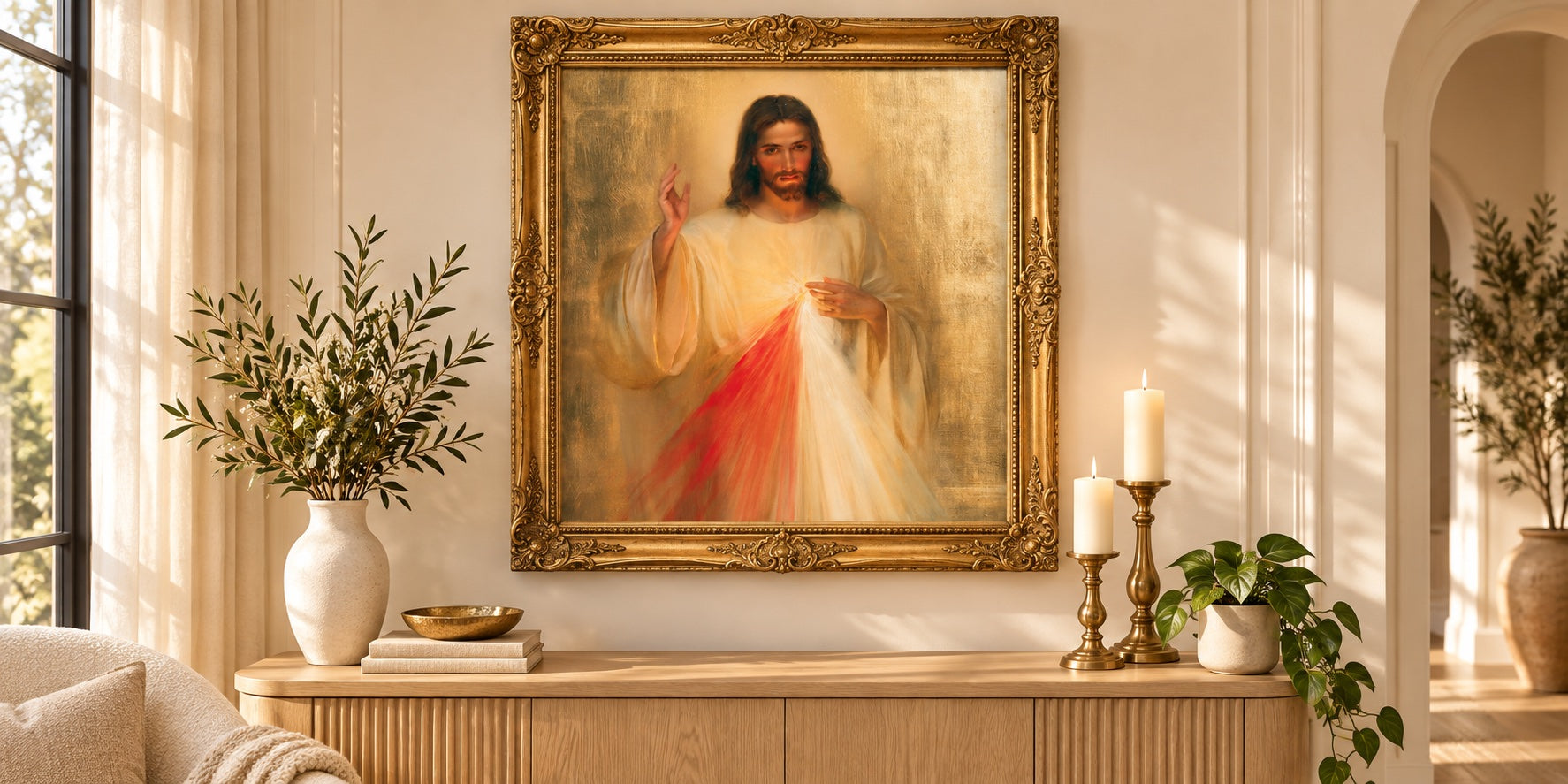 Divine Mercy Jesus — Gold artwork styled in a gold frame
