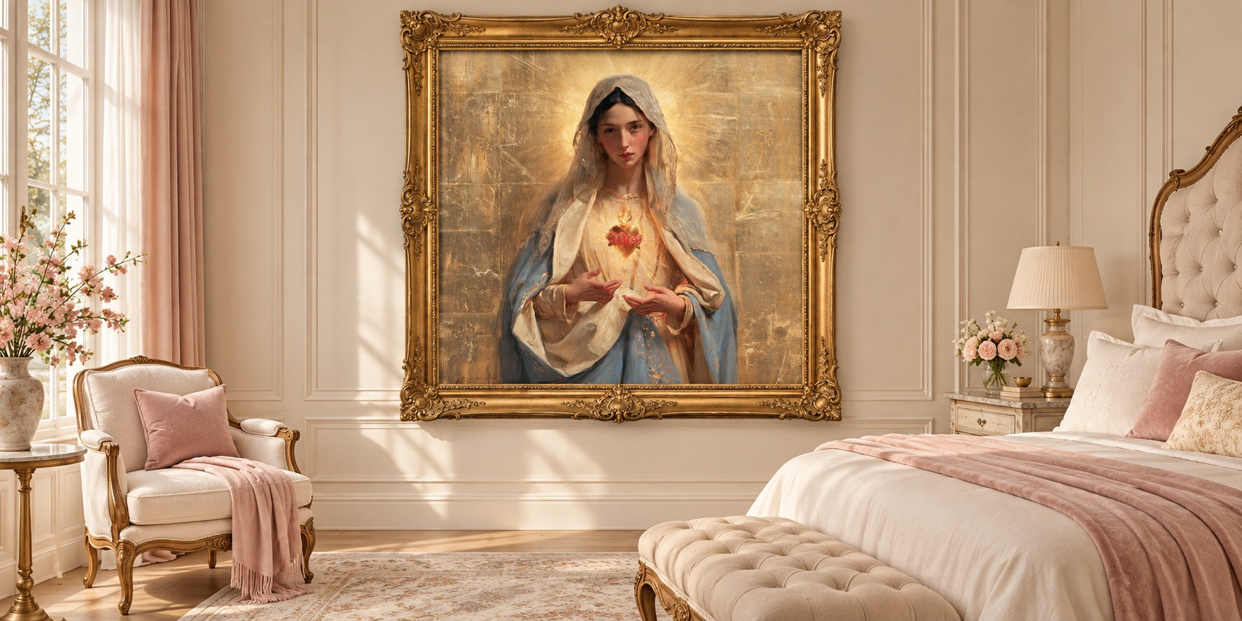 Immaculate Heart of Mary — Gold artwork styled in a gold frame