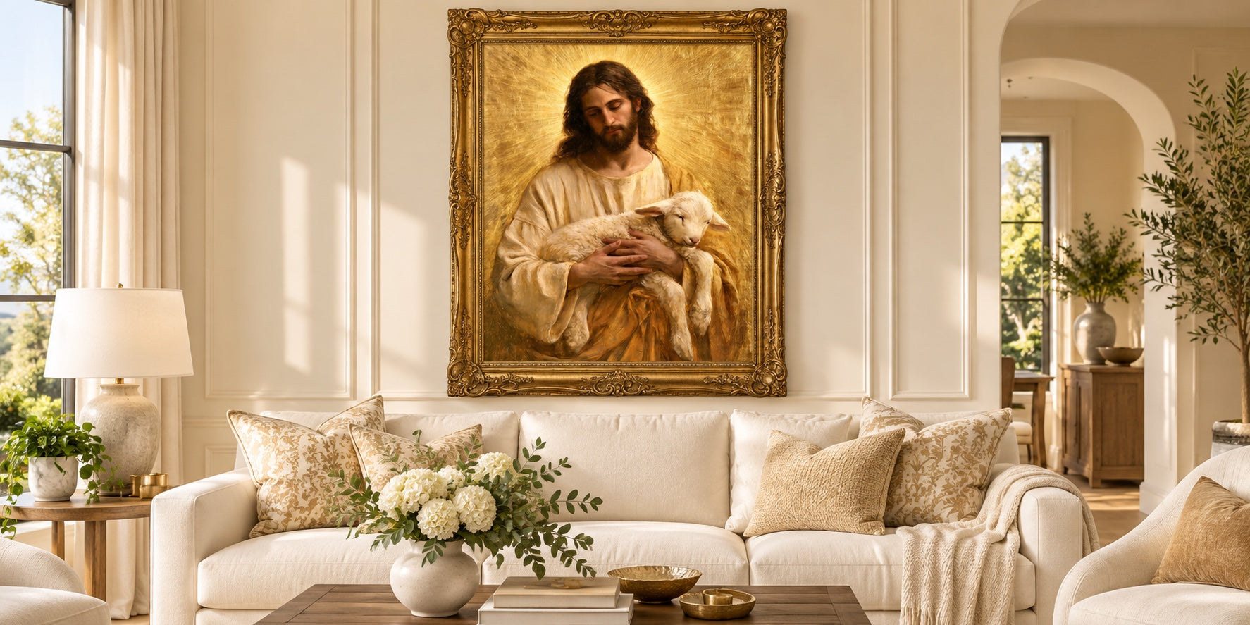 Jesus and the Lamb — Gold artwork styled in a gold frame