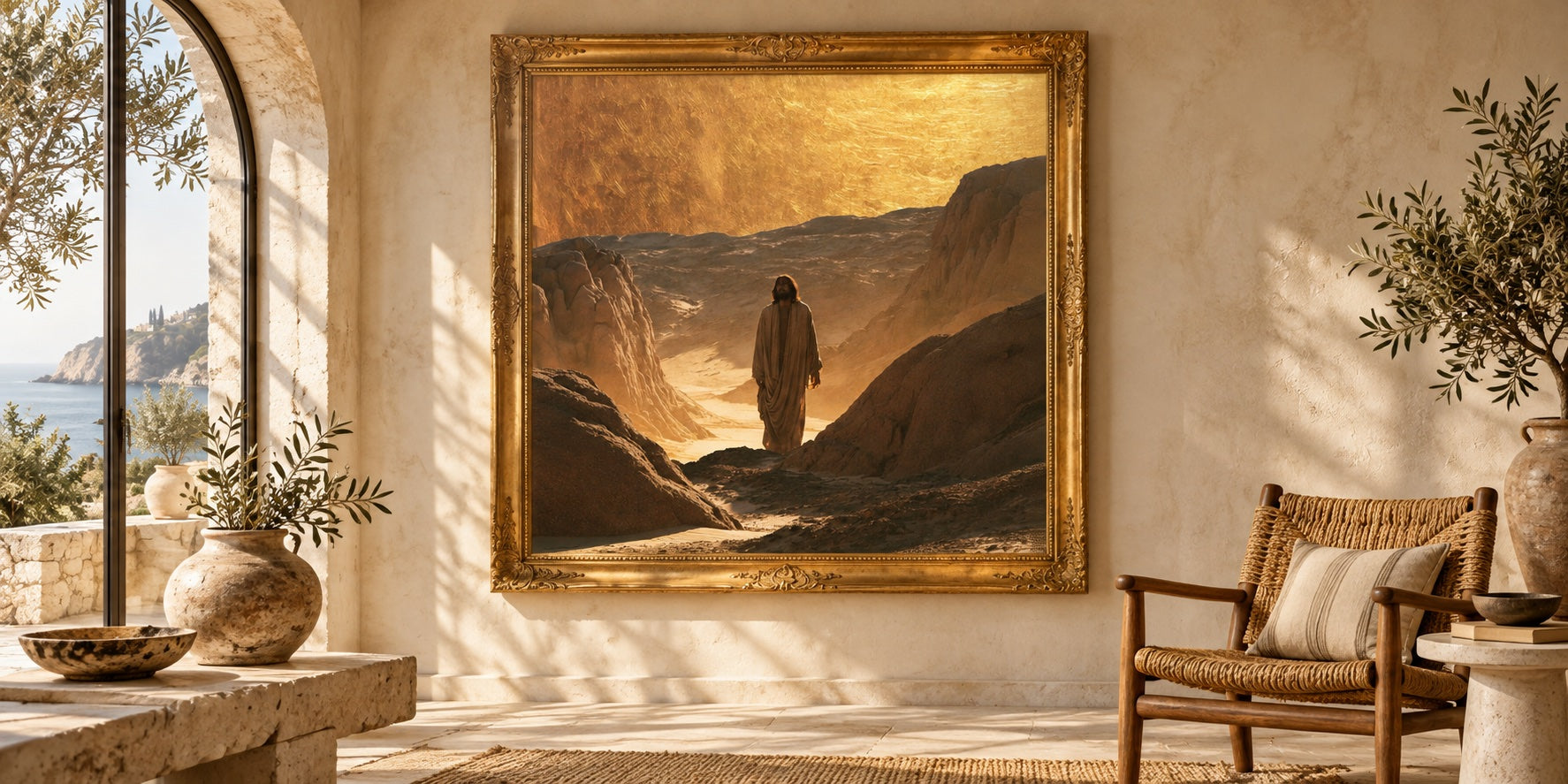 Jesus in the Desert — Gold artwork styled in a gold frame